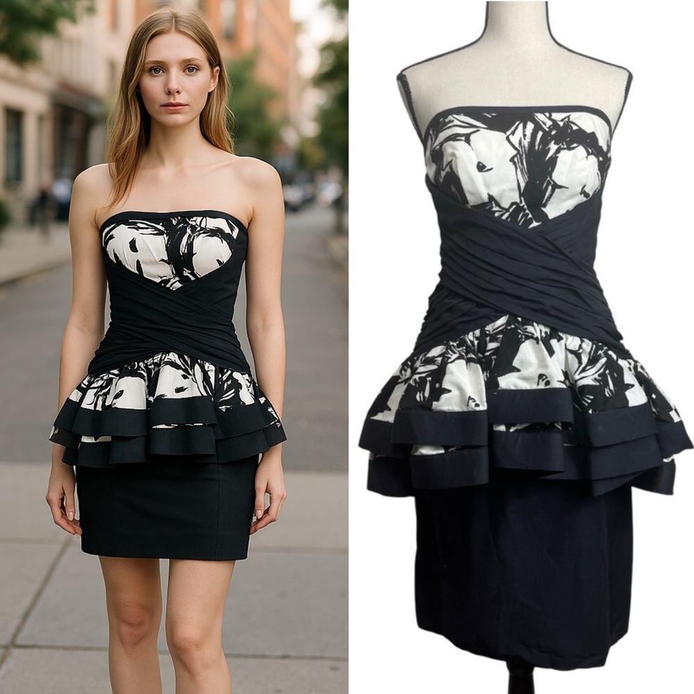 Cache Black‎ White 80s Style Peplum strapless dress